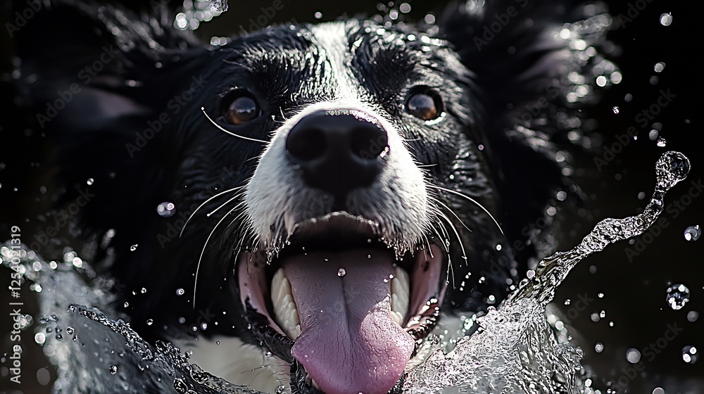 Excited Border Collie with a Big Smile Enjoying the Water Splash Around Its Face in Motion : Generative AI Excited Border Collie with a Big Smile Enjoying the Water Splash Around Its Face in Motion : Generative AI