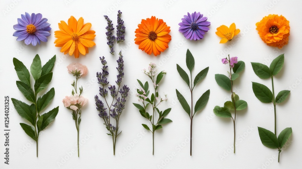 Obraz premium Assortment of vibrant colorful flowers and greenery laid on white