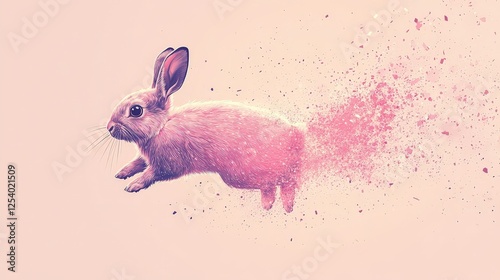 Pink bunny rabbit disintegrating into colorful particles while jumping on pastel background