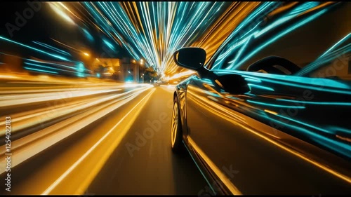 Modern futuristic car in movement. Sports luxury cars lights on the road at night time. Motion blur, light trails, abstract soft glowing lines on street road