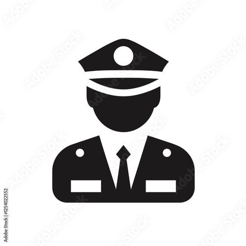 Minimalist black and white police officer icon featuring a uniformed figure with a peaked cap and formal attire. Simple vector-style law enforcement symbol representing security, authority