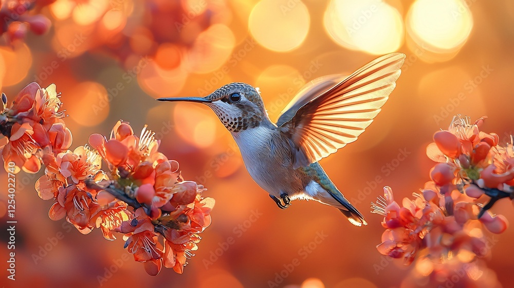 Naklejka premium Hummingbird hovering near orange blossoms at sunset; nature background, ideal for cards