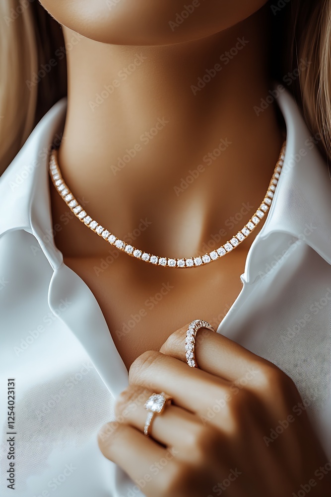 Stylish close-up of a model featuring a shimmering diamond necklace paired with a chic ring and white shirt : Generative AI Stylish close-up of a model featuring a shimmering diamond necklace paired with a chic ring and white shirt : Generative AI