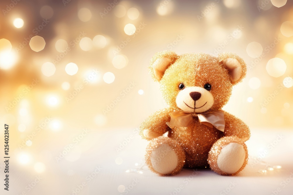 Cute teddy bear with ribbon on golden bokeh background with copy space. Holiday gift concept for Christmas, Valentine's Day, Birthday, Children's Day, Baby Shower Cute teddy bear with ribbon on golden bokeh background with copy space. Holiday gift concept for Christmas, Valentine's Day, Birthday, Children's Day, Baby Shower
