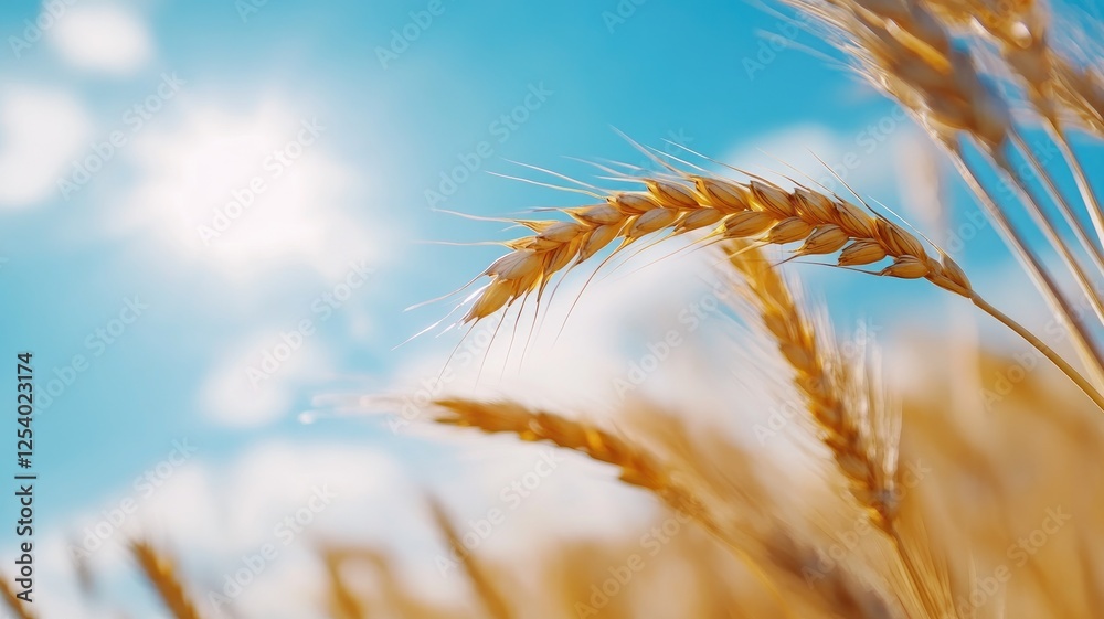Golden wheat field under bright blue sky with sun Golden wheat field under bright blue sky with sun