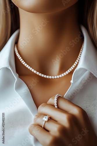 Stylish close-up of a model featuring a shimmering diamond necklace paired with a chic ring and white shirt : Generative AI