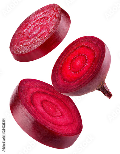 Sliced beetroot falling on transparent background