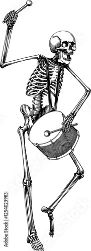 Black and white vector illustration of dancing skeleton beating drum