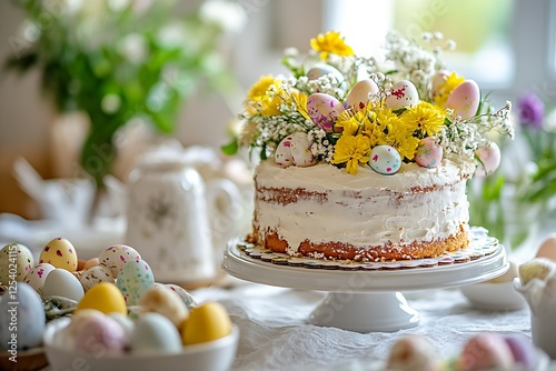 Delicious Easter cake adorned with vibrant flowers and colorful eggs celebrating spring festivities : Generative AI photo