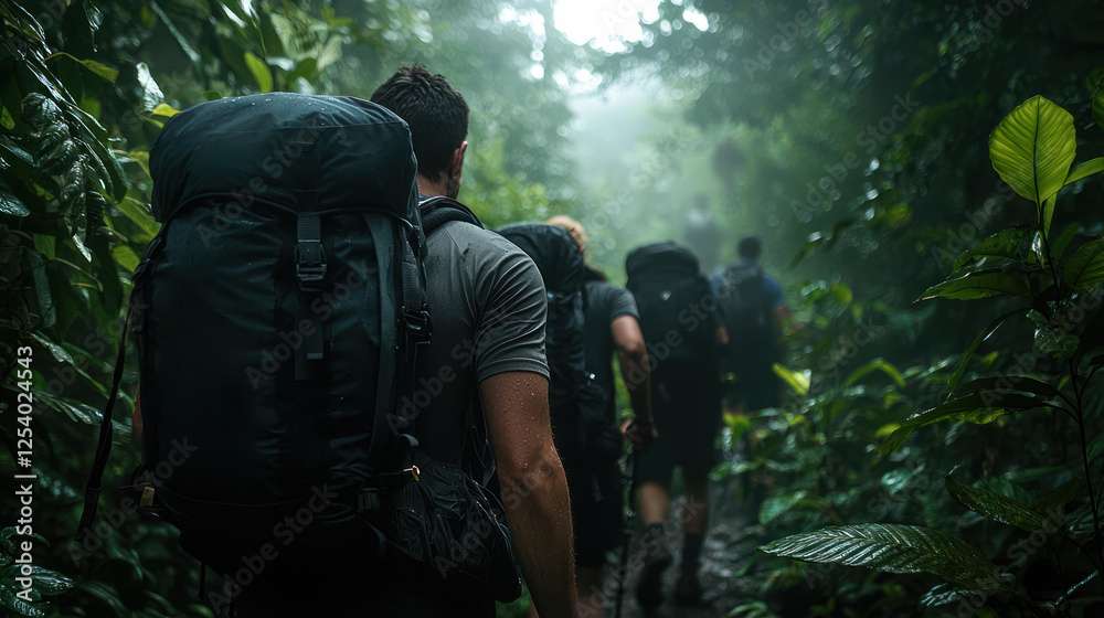 Hikers Trekking Through Rainforest Under Rain Hikers Trekking Through Rainforest Under Rain