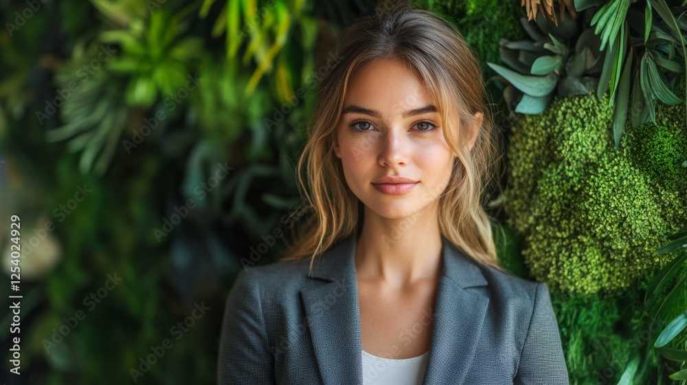 A beautiful young woman in a blazer stands near greenery A beautiful young woman in a blazer stands near greenery