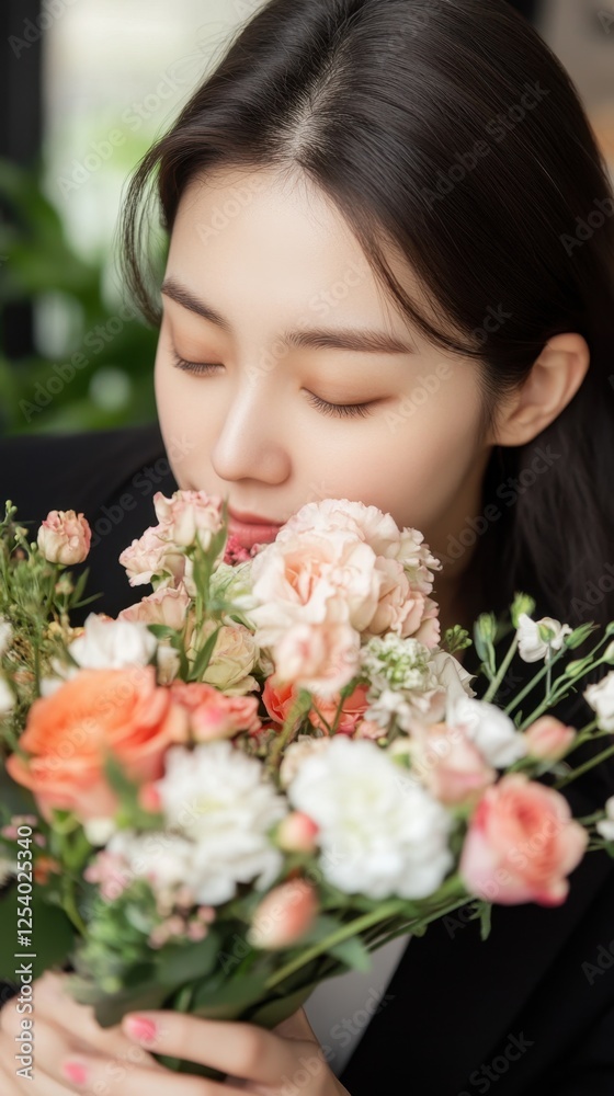 Young asian woman enjoying fragrant floral bouquet indoors National Flower Day Young asian woman enjoying fragrant floral bouquet indoors National Flower Day