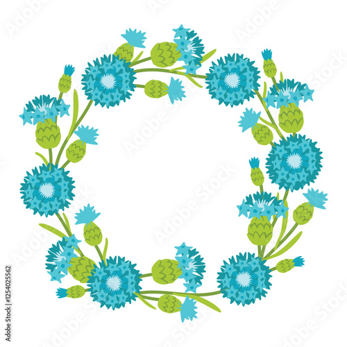 Blooming cornflowers round frame. Blue and green colors flowers isolated on white background. Floral composition with space for text. Vector botanical design for card, invitation, banner template.