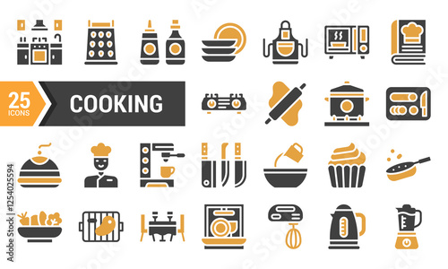 25 Two-Color Glyph Icons for Cooking and Food Preparation.