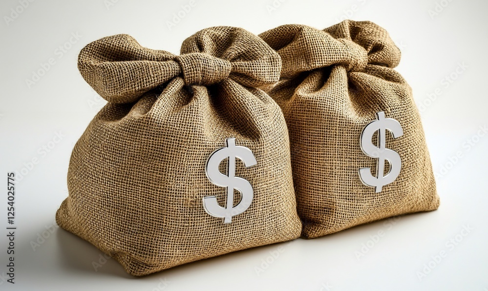Two Beige Canvas Money Bags With Dollar Signs On White Background Two Beige Canvas Money Bags With Dollar Signs On White Background