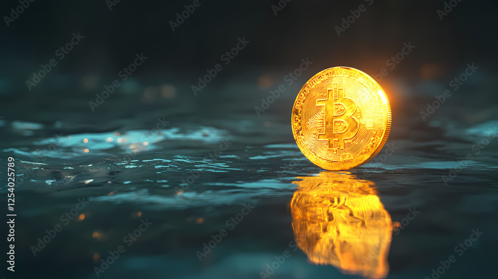 © Thiago - Glowing cryptocurrency token floating above reflective surface, symbolizing digital finance and innovation. Floating Relics. Illustration