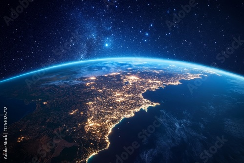 Earth's nighttime cityscape, space view, galaxy backdrop, planet, travel