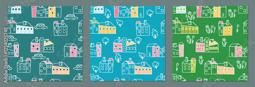 Linear Art Houses Seamless Pattern Set. Graphic buildings with cars, trees and flowers. Partial coloring and textures. Blue and green backgrounds. Vector design for textile, cover, wallpaper.
