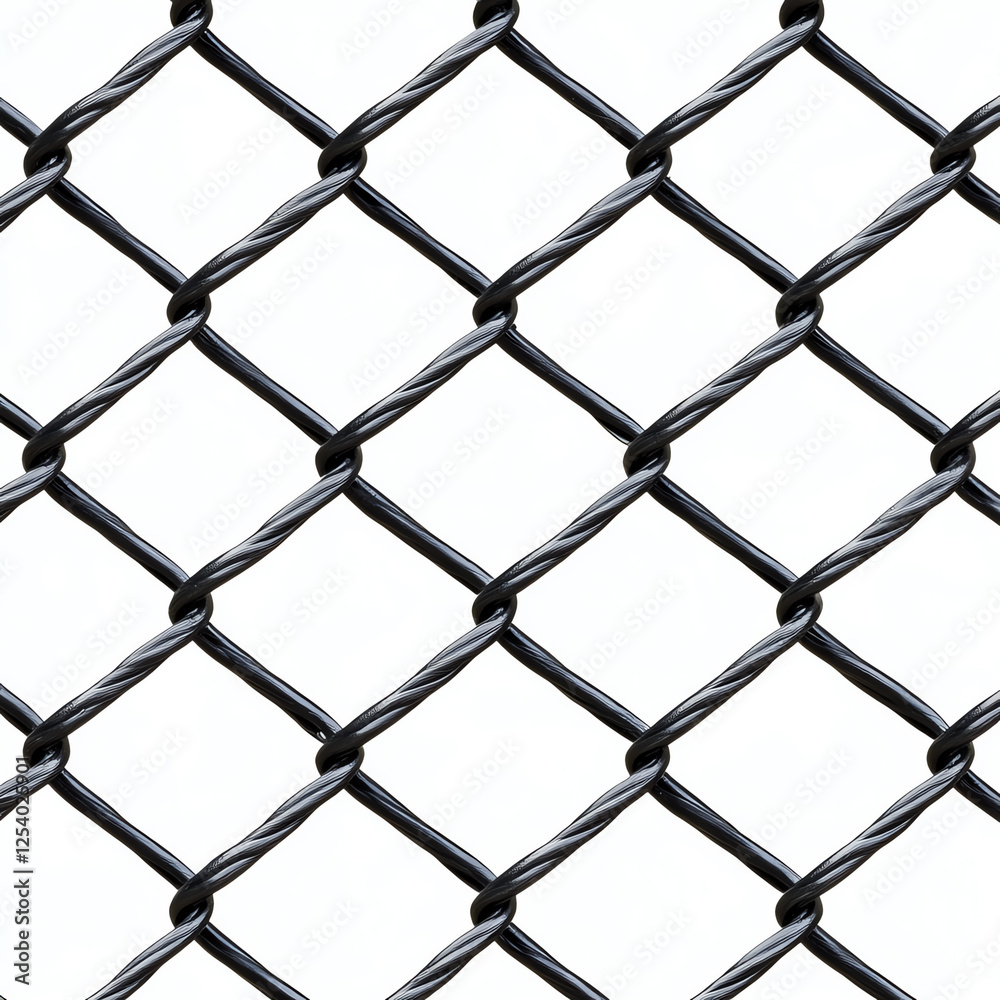 A close-up view of a robust black chain-link fence, showcasing the intricate weaving pattern and strength. Ideal for industrial, security, and architectural design projects. A close-up view of a robust black chain-link fence, showcasing the intricate weaving pattern and strength. Ideal for industrial, security, and architectural design projects.