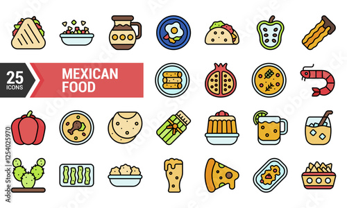 25 Colorful Line Icons for Mexican Food Designs.