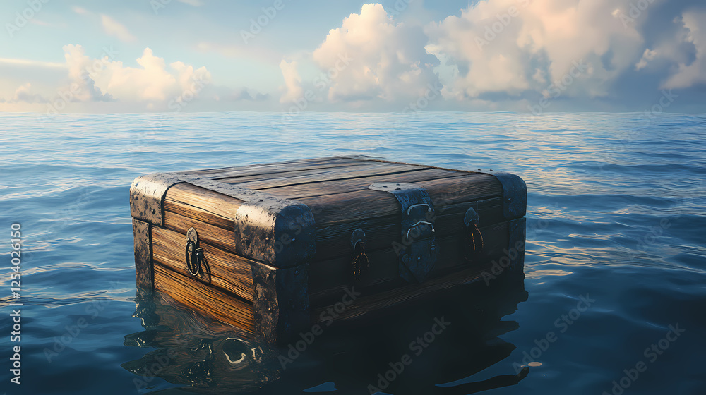Old wooden chest floats on calm sea. Floating Relics. Illustration Old wooden chest floats on calm sea. Floating Relics. Illustration
