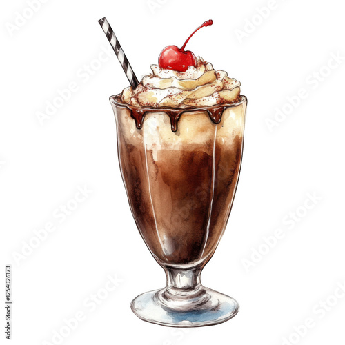 Watercolor dessert illustration featuring milkshake topped with cherry