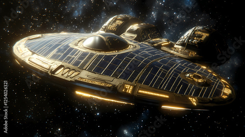 Solar cell spaceship with alien artifacts: a spaceship with solar panels discovering ancient alien relics floating in space. Floating Relics. Illustration