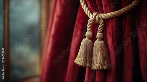 Close-up of golden tassels on dark red velvet curtains with an antique window in the background, creating a luxurious atmosphere