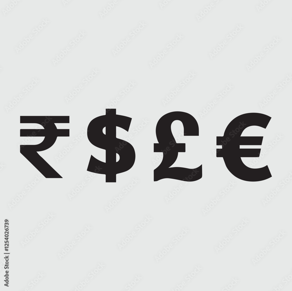 Obraz premium Rupee Dollar Pound Euro Currency icons silhouette vector style with white background Art & Illustration 