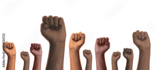 Black History Month banner with raised up mix race fists against racial discrimination. Vector halftone gradient texture human hand. Retro collage elements for mixed media design.