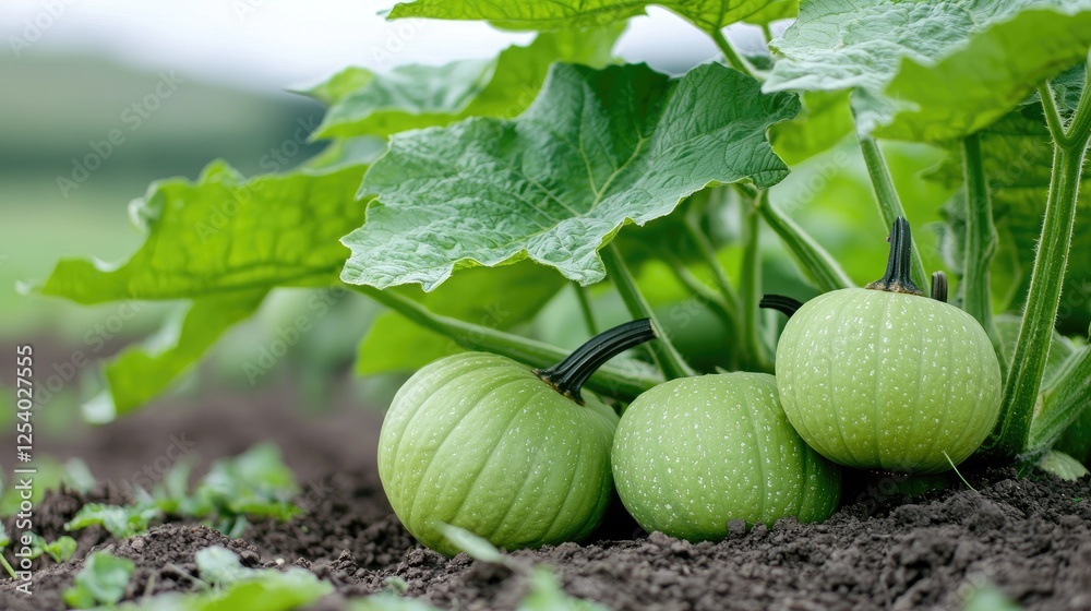 Fototapeta premium Green pumpkins growing in a garden bed
