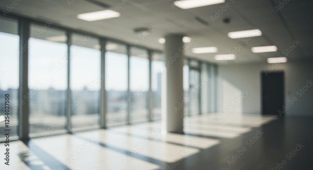 A blurred image of a modern glass walled office building featuring bright natural light streaming in from large windows A blurred image of a modern glass walled office building featuring bright natural light streaming in from large windows