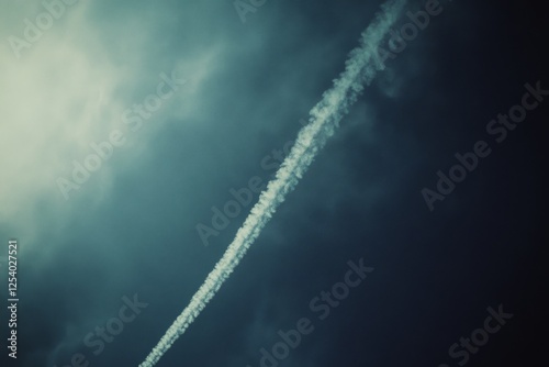 A singular jet stream cuts across a moody sky, leaving a trail of mystery and wonder in its wake over the expansive cloudscape. photo