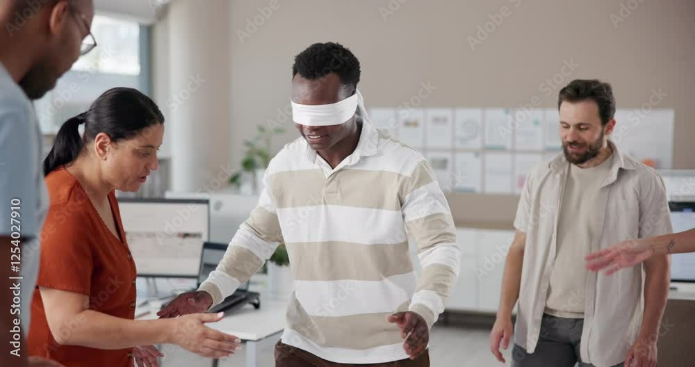 Business people, blindfold and listening with team building for activity, communication or trust at office. Group, employees or fun game with colleagues for collaboration or challenge at workplace