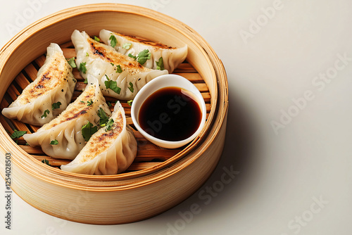 Steaming Pan-Fried Dumplings: A delectable close-up shot of pan-fried dumplings, perfectly golden brown, arranged in a rustic bamboo steamer with a small bowl of soy sauce. photo