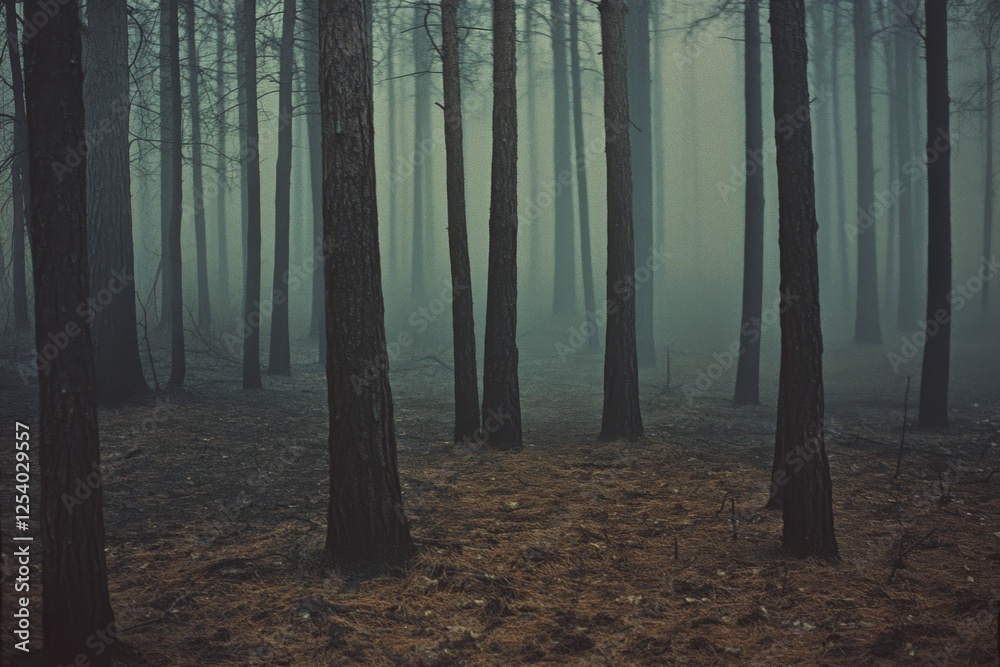 Obraz premium Tall pine trees stand amid a dense fog, creating a forest scene steeped in mystery and silence.