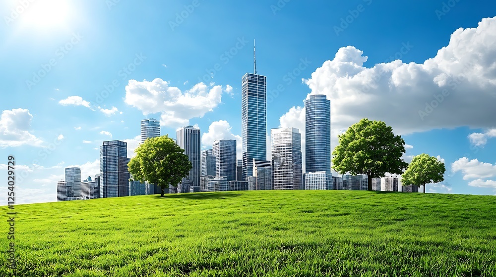 Fototapeta premium Clean city skyline with eco-friendly energy and green parks