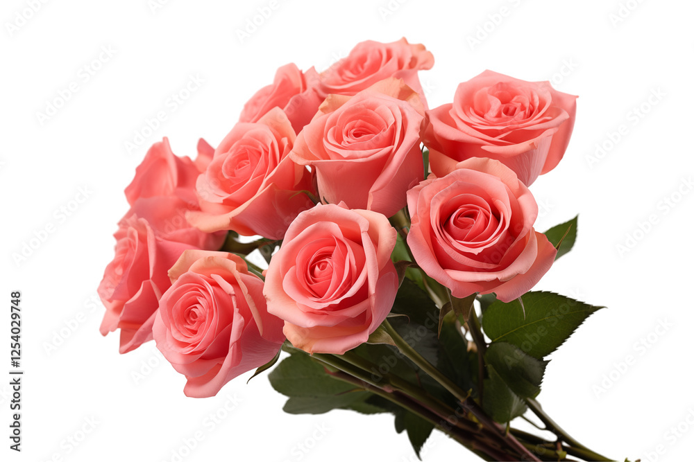 Obraz premium Roses Bouquet on a transparent Background, Symbolizing Love, Romance, and Purity – Perfect for Weddings, Special Occasions, and Floral Arrangements, Captured in Natural Light. PNG cut out.