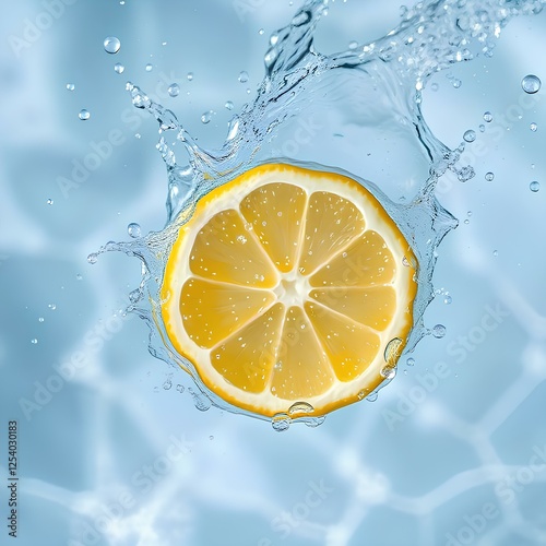 A lemon slice splashing into clear water, creating a burst of tiny water droplets and bubbles. The vibrant yellow contrasts with the cool blue tones of the water