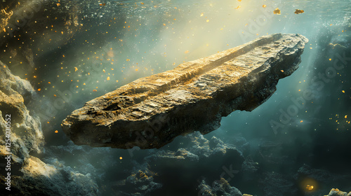 Ancient artifact floating on a glassy surface, mystical, ancient relic, water. Floating Relics. Illustration