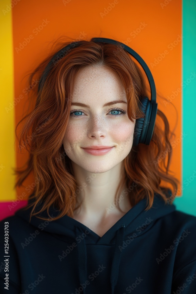 Smiling red-haired woman wearing headphones against a colorful urban background Smiling red-haired woman wearing headphones against a colorful urban background
