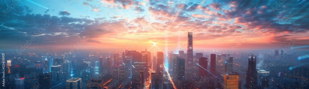 Fototapeta premium Cityscape Under a Dramatic Sunset