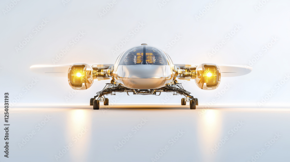 Futuristic aircraft design with sleek metallic body and bright lights Futuristic aircraft design with sleek metallic body and bright lights