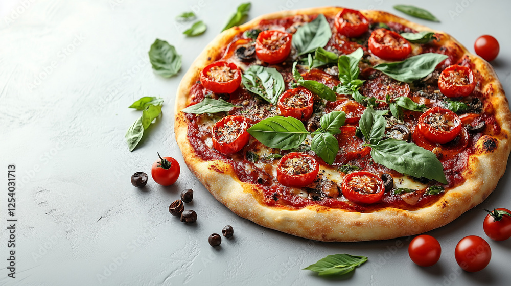 Delicious freshly baked pizza topped with tomatoes, basil, and olives on a light grey background Delicious freshly baked pizza topped with tomatoes, basil, and olives on a light grey background