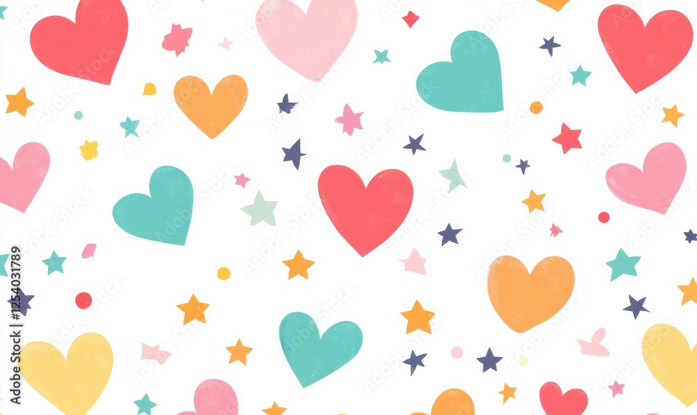 Seamless pattern of colorful hand-drawn hearts and stars on a light background Seamless pattern of colorful hand-drawn hearts and stars on a light background