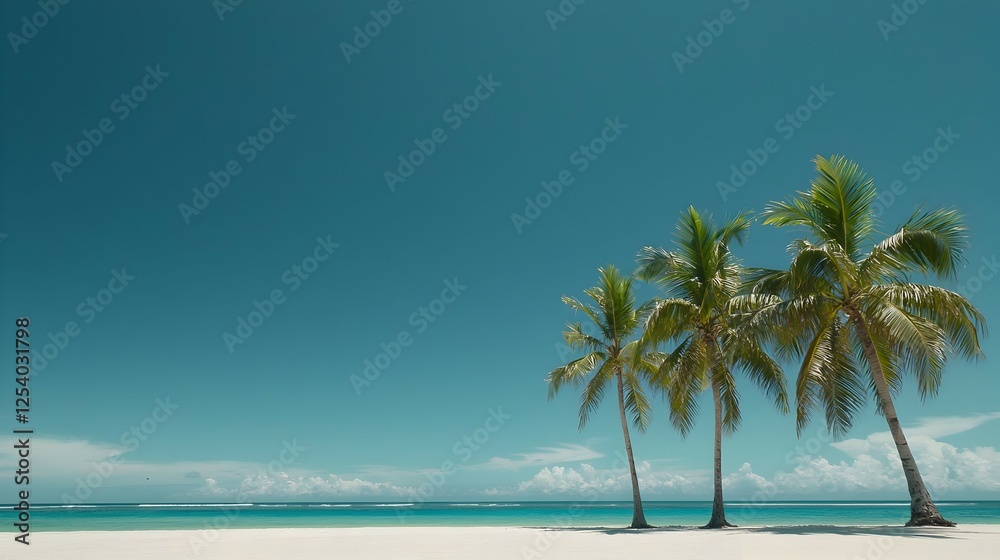 Tropical Beach With Palm Trees Under Sunny Sky Tropical Beach With Palm Trees Under Sunny Sky