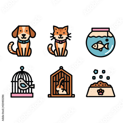 Pet-Themed Icons - Animals, Food Bowls, and Pet Houses in Colorful Illustrations