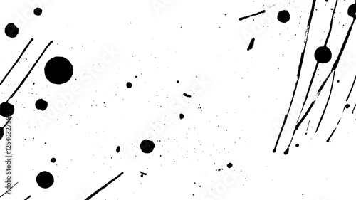 An abstract design featuring black ink splatters and streaks on a white background, creating a dynamic and artistic composition.