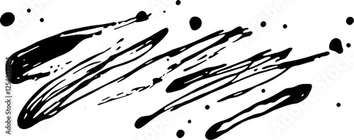 A collection of black ink splatters and strokes on a white background, showcasing various shapes and sizes. Ideal for artistic or design purposes.