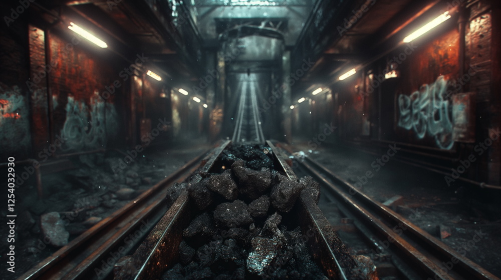 Naklejka premium Chunks of coal fall from the trolleys loaded onto _007